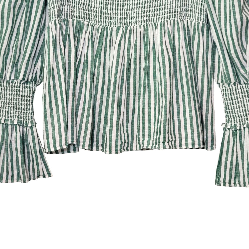 Cinq à Sept Adly Green White Stripe Smocked Puff Sleeve Peplum Top M - Picture 5 of 15